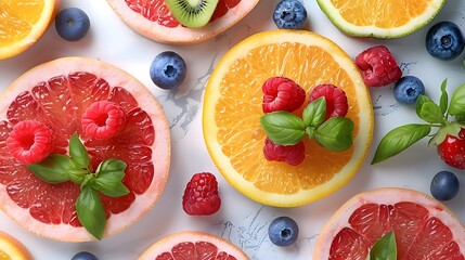 Naklejka premium Colorful fruit arrangement, white marble countertop, vibrant citrus slices, fresh berries, kiwi, grapefruit, orange, blueberries, raspberries, strawberries, green basil leaves.