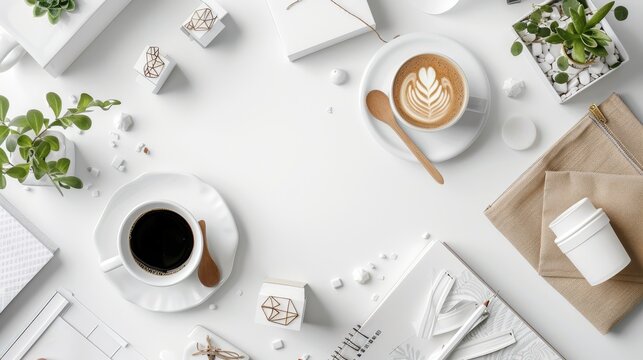 Top view of home themed stationery and coffee on white background