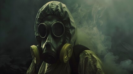 Ominous Presence:A Smoky Figure in a Sinister Gas Mask Symbolizing Environmental Hazards and Dystopian Threats