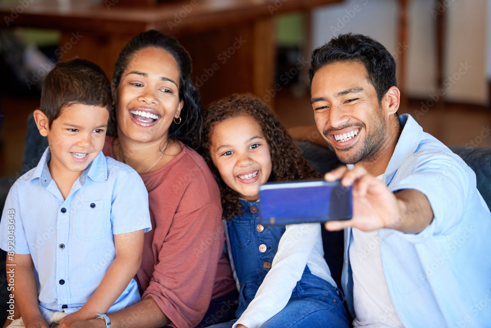 Poster Selfie, man and children with happiness on sofa for photography, memory or social media post. Love, kids and peace family with parents for profile picture, care or bonding together in home