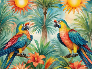 Obraz premium abstract glowing watercolor of parrots with palm trees and tropical flowers and the sun surrealism expressionism fine art