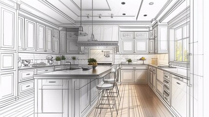 Stylish kitchen interior with modern furniture. A very beautiful combination of photo and sketch