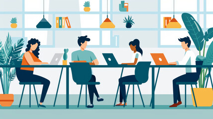 Fototapeta premium A group of people are sitting at a table in a room with plants and books