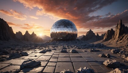 Futuristic Dome in a Desert Landscape at Sunset.