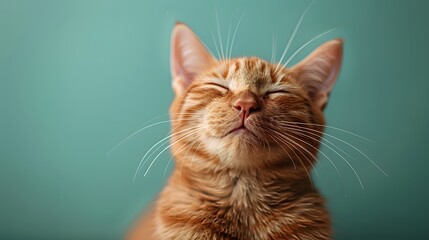 Happy ginger cat, wide smile, closed eyes, whiskers, cat portrait, pale green background, joyful expression, feline contentment, close-up shot, soft fur texture, pastel colors.