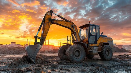 A Backhoe Vibro working at sunset with an orange sky and industrial buildings,