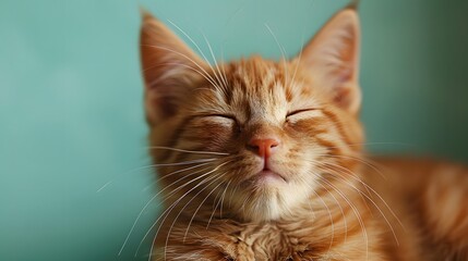 Happy ginger cat, wide smile, closed eyes, whiskers, cat portrait, pale green background, joyful expression, feline contentment, close-up shot, soft fur texture, pastel colors.