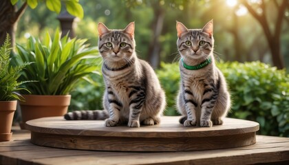 Fototapeta premium Two Tabby Cats Sitting On A Wooden Platform In A Garden.