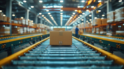 Logistics workers sorting and packing boxes in a modern warehouse, with conveyor belts and shelves filled with products in the background.