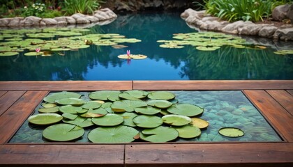 Water Lily Pond with Wooden Deck.