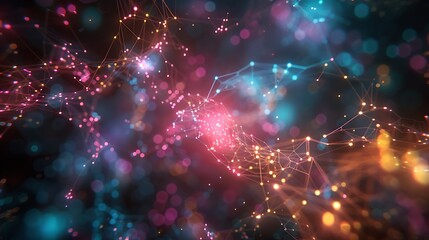 Fototapeta premium A futuristic image illustrating the concept of machine learning, with interconnected nodes representing neural networks, glowing with vibrant colors against a dark background, 