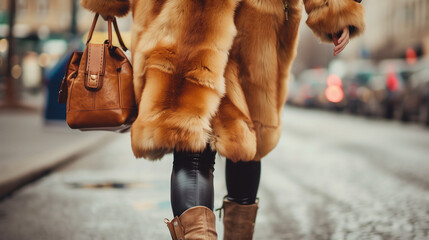 close up accessories details of stylish woman walking in city in warm fur coat, winter season, cold weather, holding leather handbag, legs in boots, footwear street fashion trend 