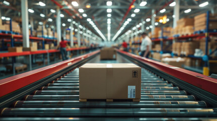 Warehouse workers using conveyor belts to move packages, with automated systems and busy workstations visible in the background.