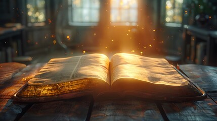 Open Bible, wooden table, soft natural light, ethereal glow, shallow depth of field, diffused illumination, translucent pages, golden hour, warm tones, spiritual ambiance.