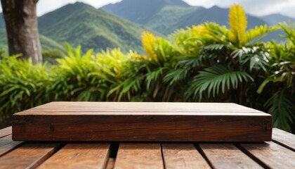 Fototapeta premium Wooden table with mountains and foliage background.