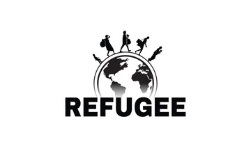 silhouette of refugee and world. black and white illustration of refugee.