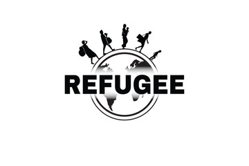 silhouette of refugee and world. black and white illustration of refugee.