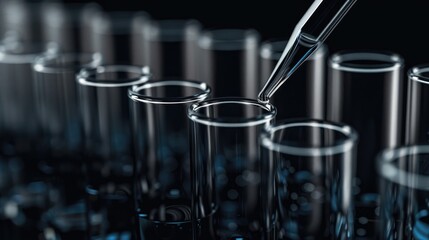 Close up of laboratory test tubes and pipette against black background Concept of science research and chemistry