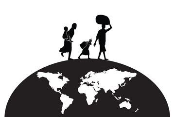 silhouette of refugee and world. black and white illustration of refugee.