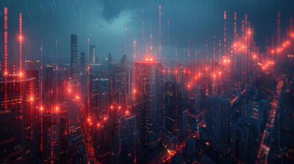 Naklejka premium A stock market graph with double exposure of modern skyscrapers.