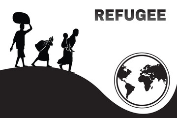 silhouette of refugee and world. black and white illustration of refugee.