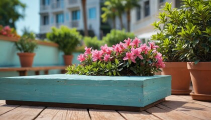 Pink Flowers in a Blue Planter on a Wooden Deck.