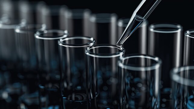 Close up of laboratory test tubes and pipette against black background Concept of science research and chemistry