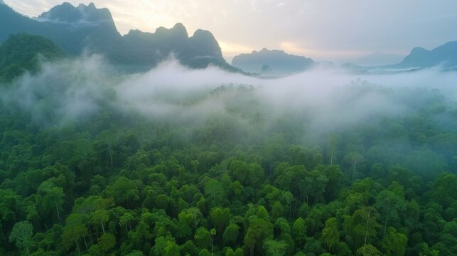 A lush green forest with a foggy atmosphere