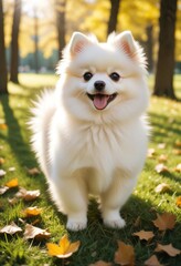 Fototapeta premium A white, fluffy, cute little Pomeranian puppy frolicked joyfully in the beautiful park, its tiny paws barely making a sound on the soft grass. The sunlight filtered through the trees, casting dappled 