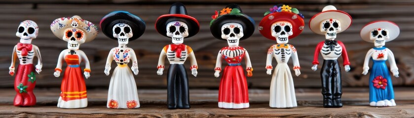 Colorful sugar skull figurines representing traditional Latino culture, celebrating life and death in a festive display.