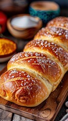 Freshly baked bread loaf with a golden crust, ideal for culinary presentations and food photography.