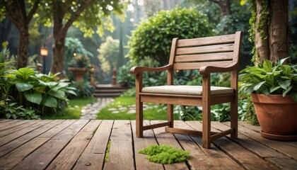 Wooden chair on a wooden deck with a green garden background.