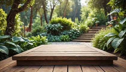 Fototapeta premium Wooden Platform In Lush Garden.