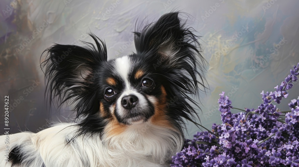 Canvas Prints Papillon dog with lavender on gray background