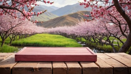 Wooden Table Top With Blurred Spring Peach Blossom Background.