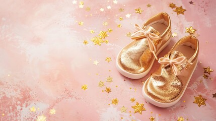 Golden baby shoes on light pink table background