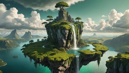 Obraz premium Floating Island with Waterfall and Lush Landscape.