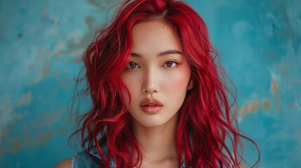 Fototapeta premium Asian woman with bold red hair, captured in a serene pose with a simple, unobtrusive background providing generous copy space