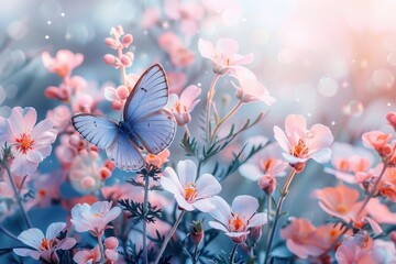 Illustration of a serene composition with pastel white background, featuring flowers, butterfly, and plants with ample copy space.