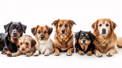 A group of cute dogs with different breeds isolated on a white background, perfect for pet-related events, advertisements, and promotions.