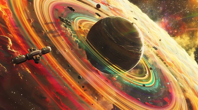 A space station orbiting a gas giant planet, surrounded by colorful rings
