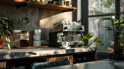 A quiet corner in a cafe with a state-of-the-art coffee machine and a comforting cup of hot chocolate