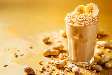 Creamy peanut butter banana smoothie garnished with banana slices and crushed peanuts, set against a warm yellow background.