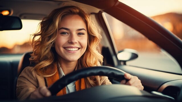 Smiling woman with blonde hair driving car golden hour
