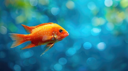 Red Parrot Cichlid in aquarium with blue water background and space for text