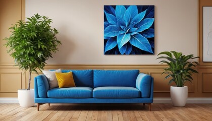 Blue Sofa Living Room Interior Design with Plants and Artwork.