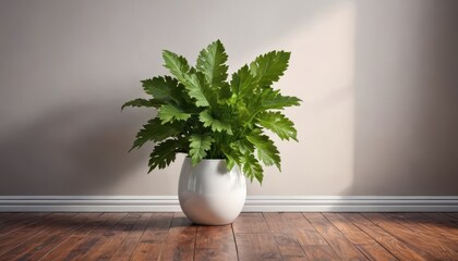 Fototapeta premium Green Plant in White Pot on Wooden Floor.