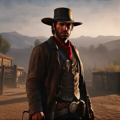 Obraz premium a man with a hat and a gun in a desert