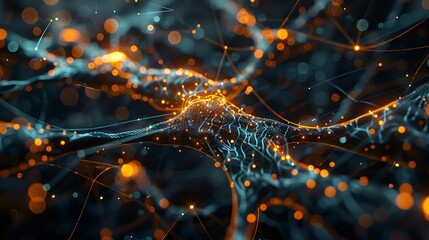 A symbolic illustration of machine learning, with a futuristic robot processing vast amounts of data through intricate neural pathways, represented by glowing nodes and connections, 