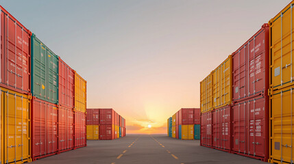 Fototapeta premium Colorful shipping containers at sunset. Generative AI image